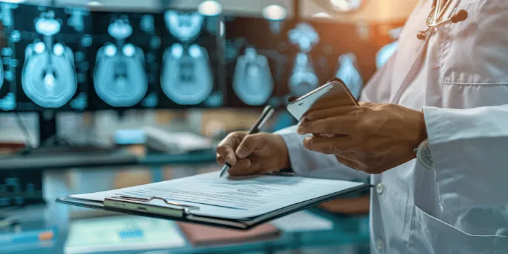 doctor-hand-writing-with-mri-screens-in-background