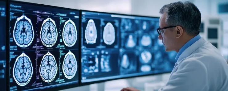 doctor-reviewing-brain-scans-on-multi-screen-dicom-viewer
