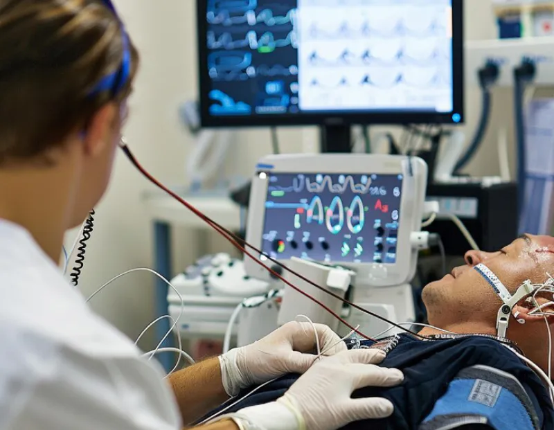 Close-up of cardiologist monitoring live ECG signals and heartbeats on medical instrument.