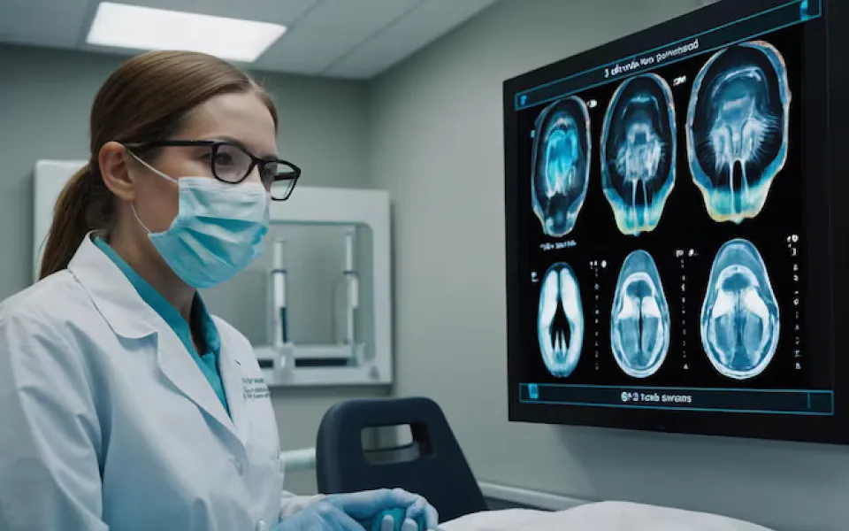 Senior doctor pointing with pen at PC monitor displaying detailed head scan.