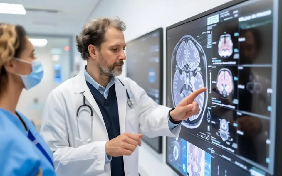 Illustration of connected specialized clinics sharing medical imaging data securely via cloud platform.