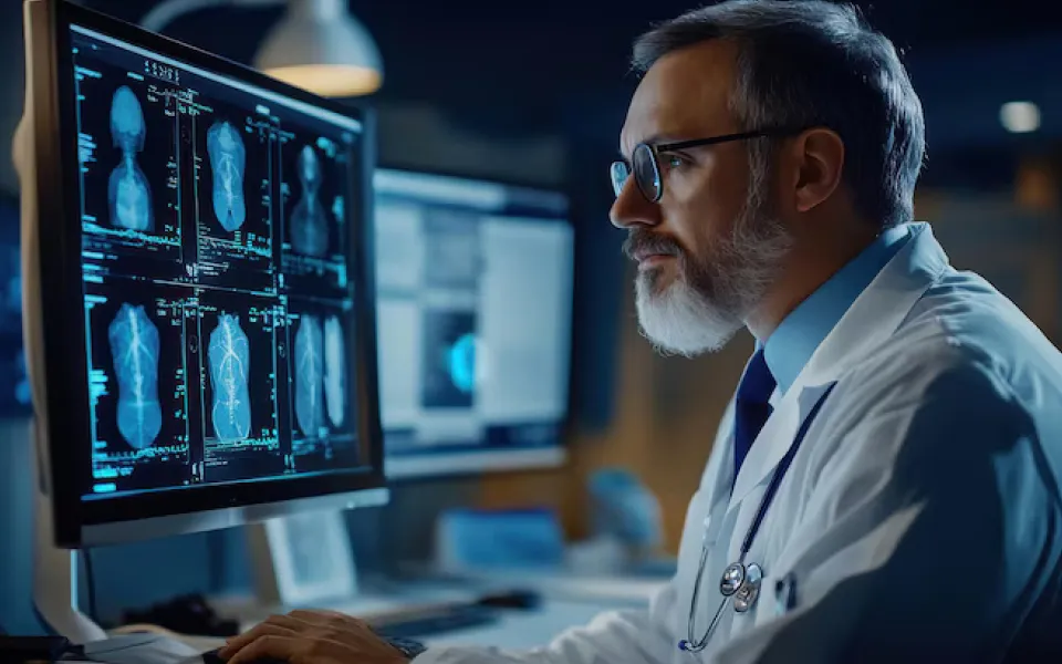 Senior doctor sitting at a desk reviewing medical images on a screen