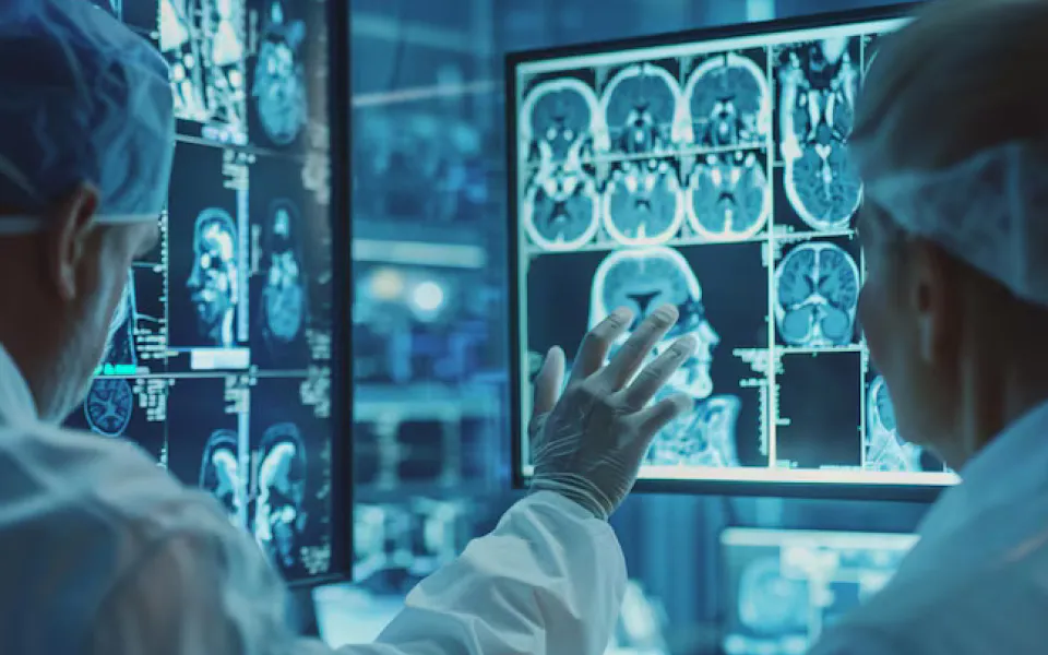 Two senior doctors reviewing head scan images on PC using Scriptoware’s AI-powered DICOM viewer.