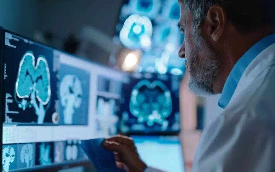 Doctor viewing TV screen displaying detailed medical imaging reports, ensuring diagnostic accuracy.