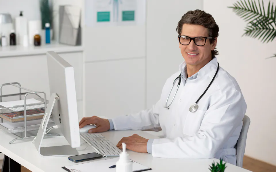 Confident senior doctor smiling at desk with laptop, using Scriptoware’s seamless imaging access platform.
