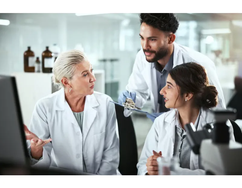 Senior female doctor and two junior doctors excitedly discussing medical images displayed on PC monitor.