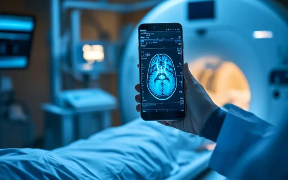 Doctor’s hand holding a phone showing live brain scan with patient in MRI background