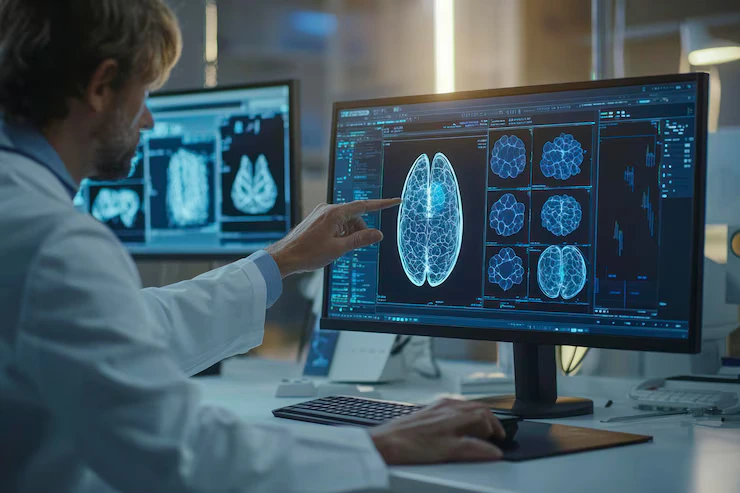 Doctor pointing at a brain scan on a screen using Scriptoware's medical imaging software