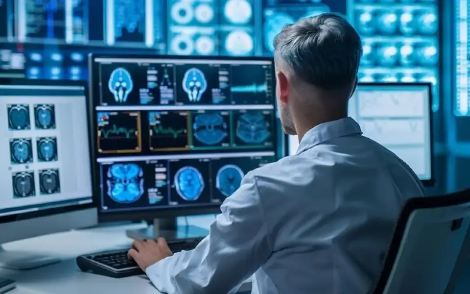 Doctor analyzing live MRI imaging reports while patient undergoes scan inside the MRI machine.