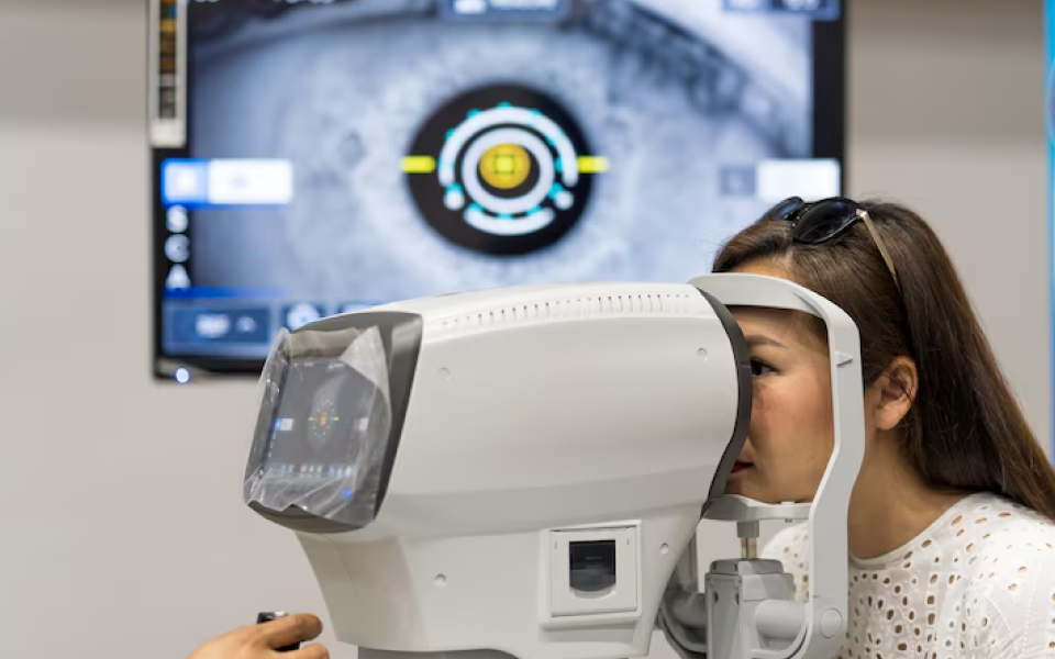 Patient's eye being scanned on a diagnostic machine with eye analytics displayed on screen in the background