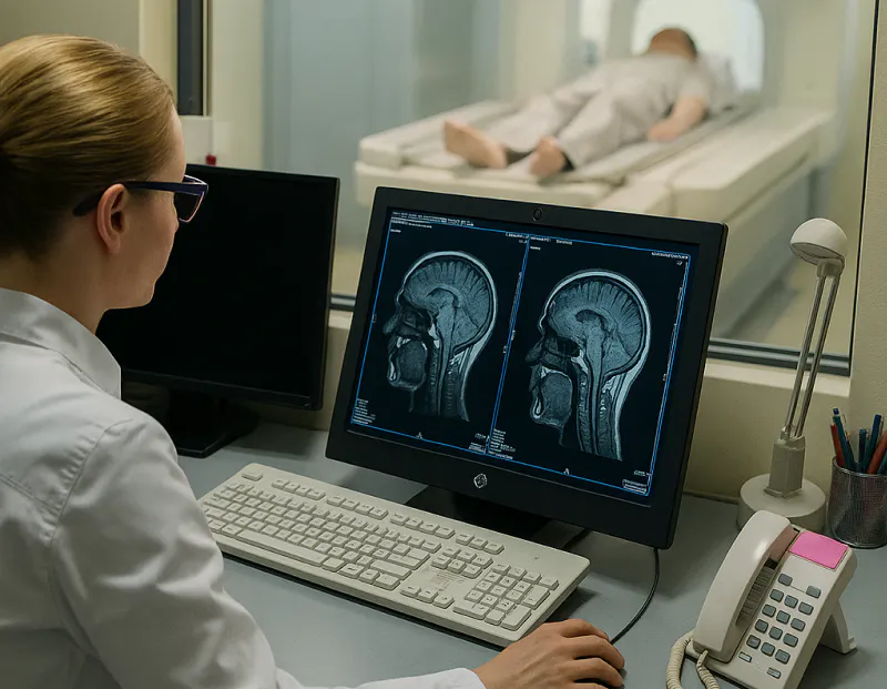 Radiology expert viewing live MRI reports while patient undergoes imaging inside MRI machine.