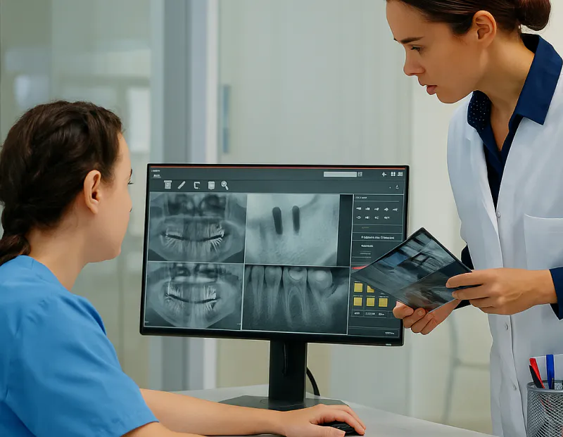 Two radiologists reviewing test results on monitor, discussing findings for diagnosis.
