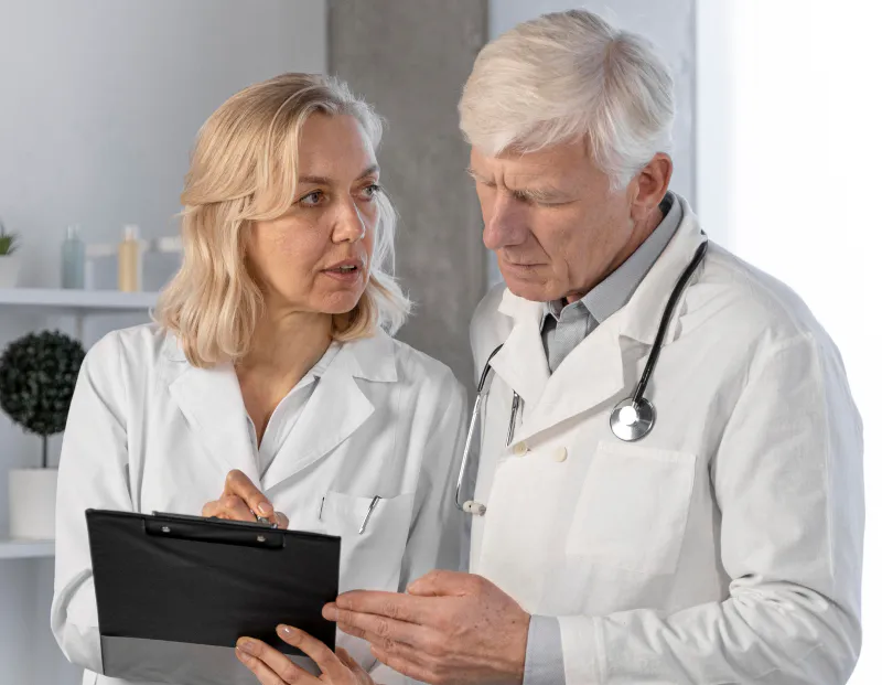 Two senior oncologists seriously discussing tumor scan findings.